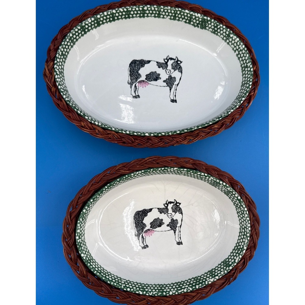 Vtg Teamson Baking Casserole Dish Oval Bowl Cow Art Farm Country 1995 W/baskets